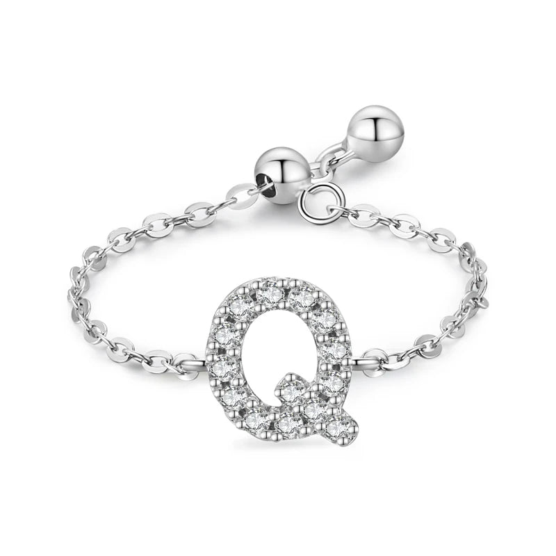 925 Sterling Silver 26 Letters Adjustable Chain Rings for Women Wedding Jewelry