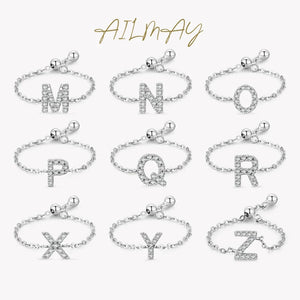 925 Sterling Silver 26 Letters Adjustable Chain Rings for Women Wedding Jewelry