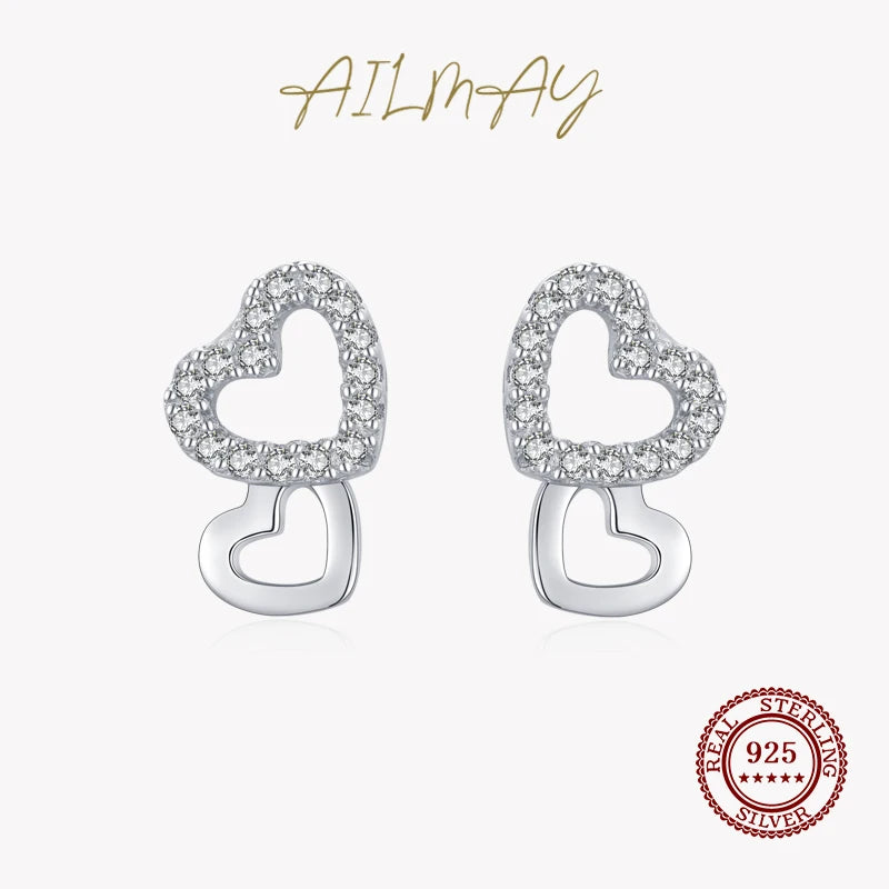 925 Silver Hearts Zircon Stud Earrings Women Gift Jewelry