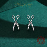 925 Silver Small Scissors Earrings CZ Studs Women Fine Jewelry