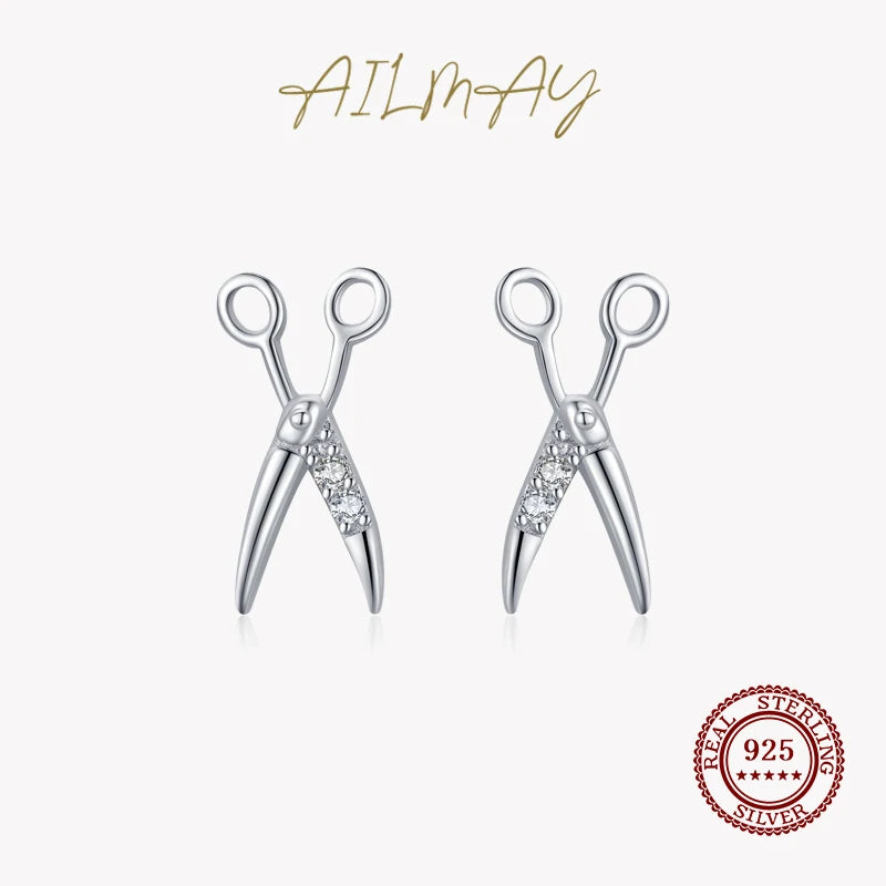 925 Silver Small Scissors Earrings CZ Studs Women Fine Jewelry