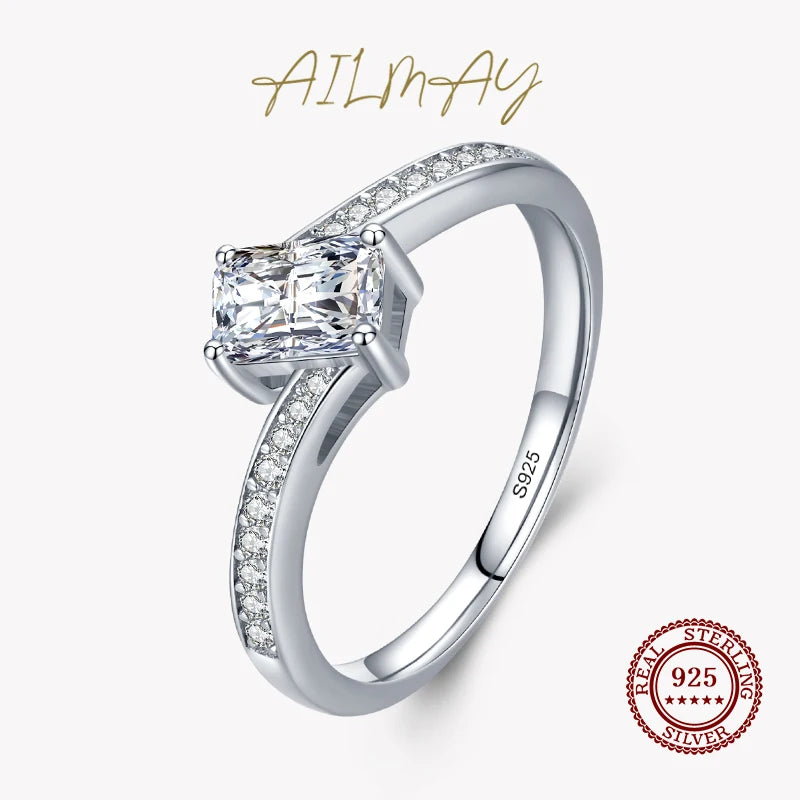925 Silver CZ Rectangle Asymmetry Ring Wedding Jewelry