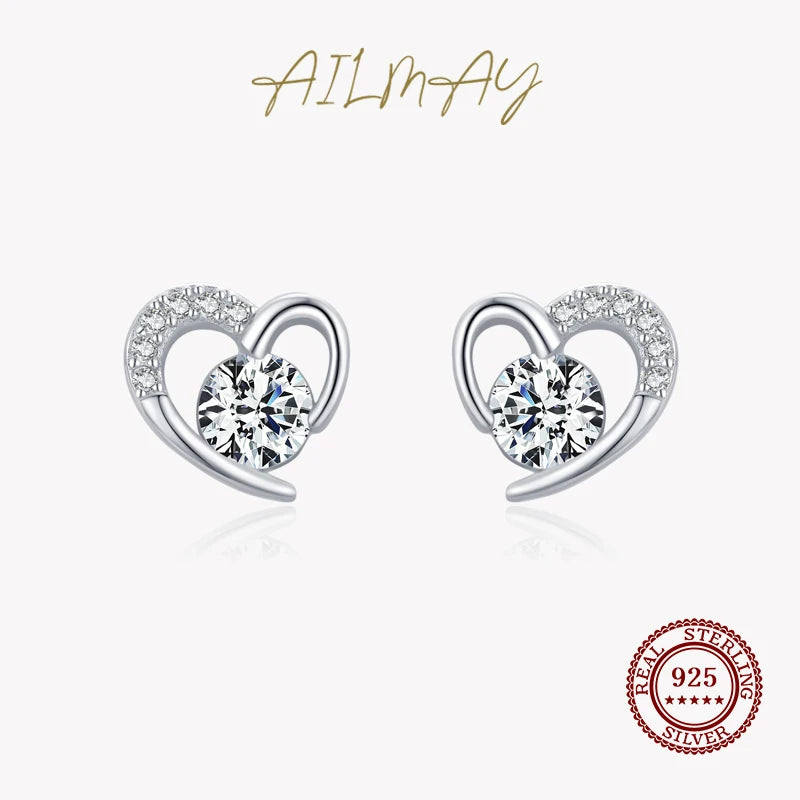 Heart Stud Earrings 925 Silver Clear Zircon Women Statement Jewelry