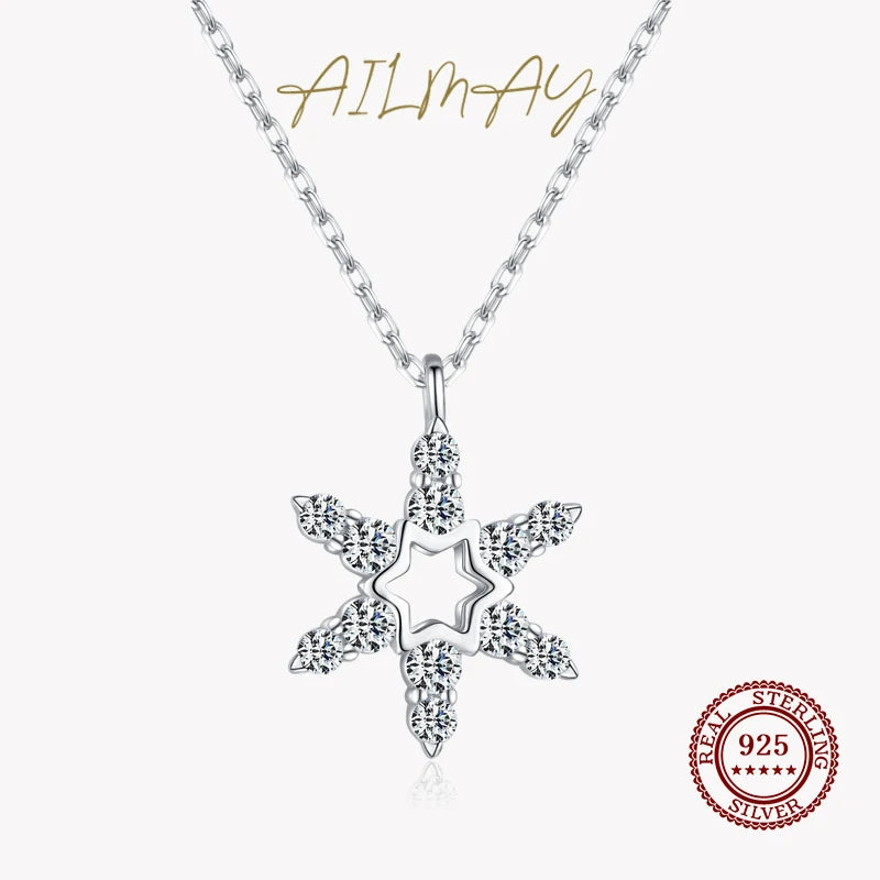 Sparkling Star Snowflake 925 Silver Pendant Necklace for Women