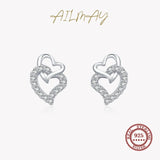 925 Silver CZ Two Hearts Stud Earrings Women Statement Jewelry Gift