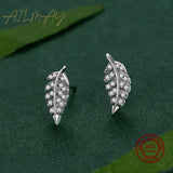 925 Silver Feather Stud Earrings CZ Fine Jewelry