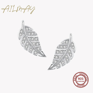 925 Silver Feather Stud Earrings CZ Fine Jewelry