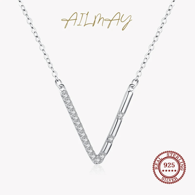 Sterling Silver V Shape Letter Pendant Necklace Zircon Female Jewelry