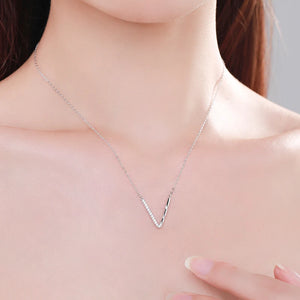Sterling Silver V Shape Letter Pendant Necklace Zircon Female Jewelry