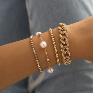 4 Pcs/Set Crystal Cuban Chain Bracelets For Women Pearl Charm Bracelets