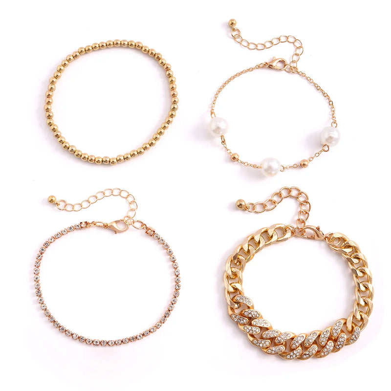 4 Pcs/Set Crystal Cuban Chain Bracelets For Women Pearl Charm Bracelets
