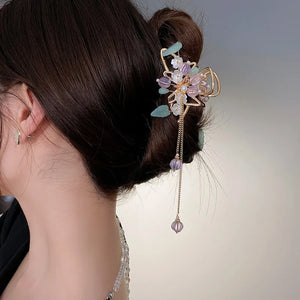 Chinese Style Flower Hair Claw with Crystal Beads Tassel