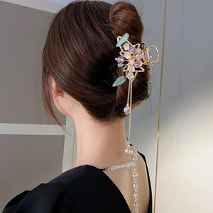Chinese Style Flower Hair Claw with Crystal Beads Tassel