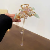 Chinese Style Flower Hair Claw with Crystal Beads Tassel