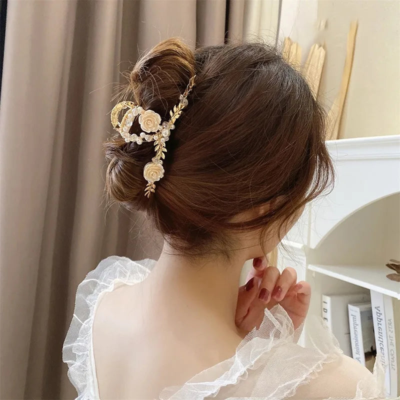 French Style Flower Hair Claw Clip Pearl Crystal Headband