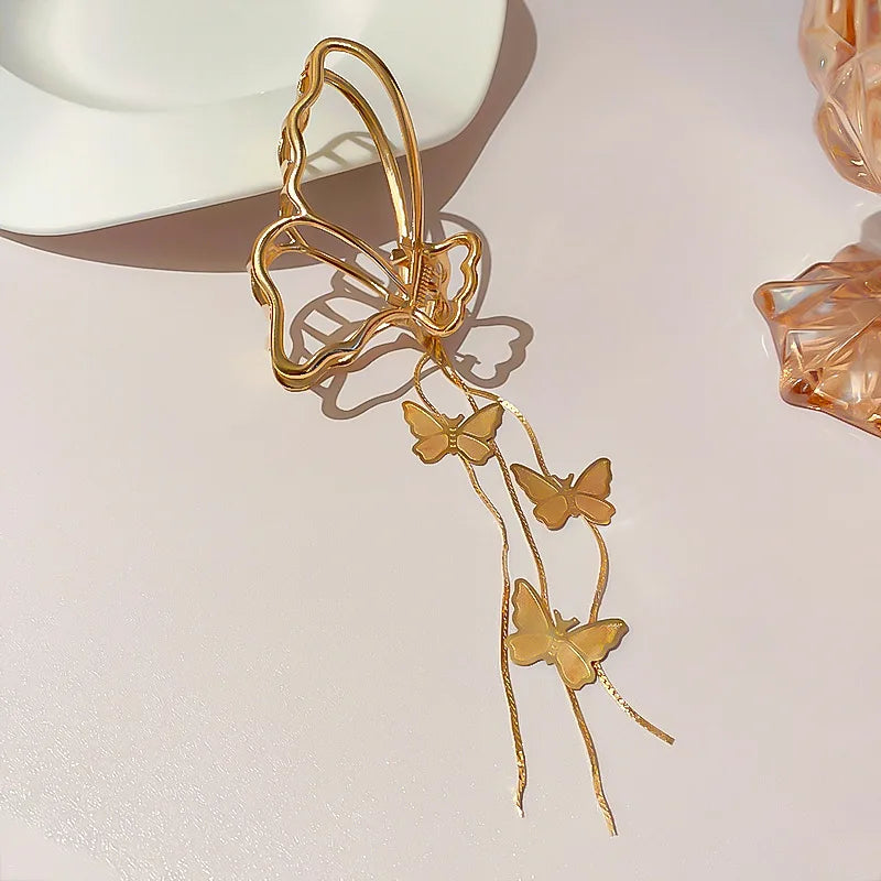 Vintage Golden Butterfly Tassel Hair Jewelry Large Hair Claw Clip