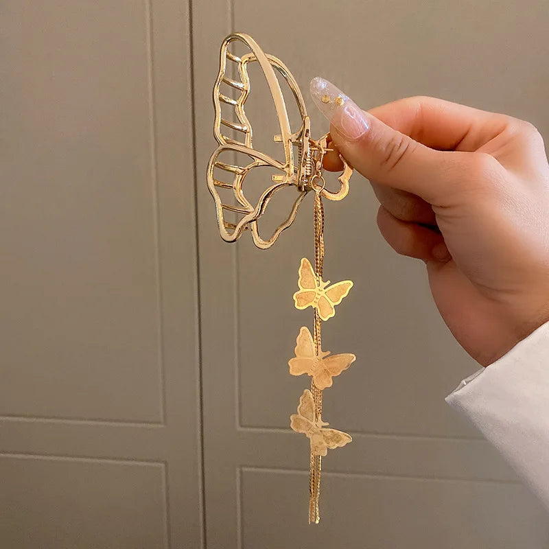 Vintage Golden Butterfly Tassel Hair Jewelry Large Hair Claw Clip
