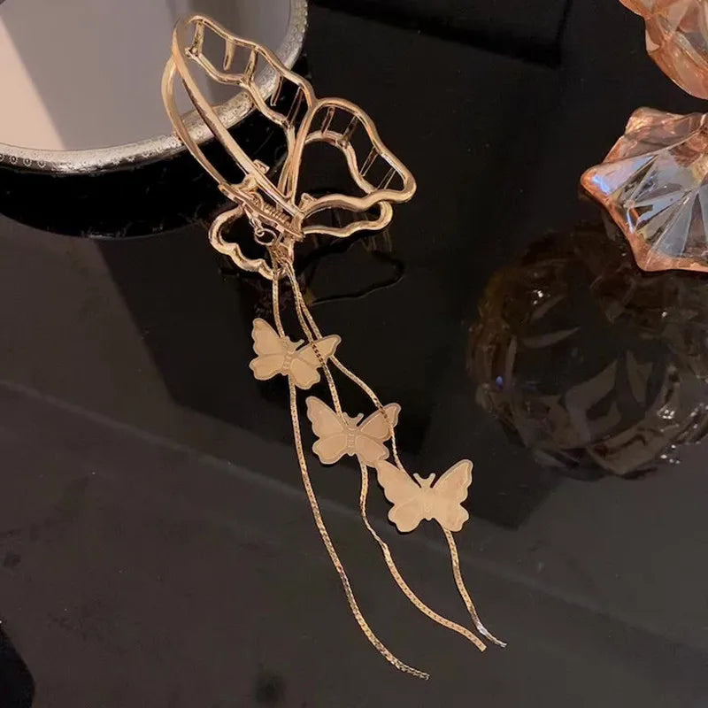 Vintage Golden Butterfly Tassel Hair Jewelry Large Hair Claw Clip