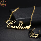 Akizoom Custom Name Necklace Stainless Steel Crown Choker Pendant