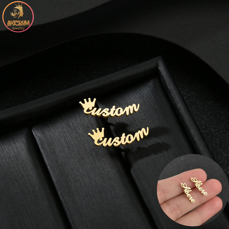 Akizoom Personalized Name Stainless Steel Stud Earrings 1 Pair Letter Crown Earr
