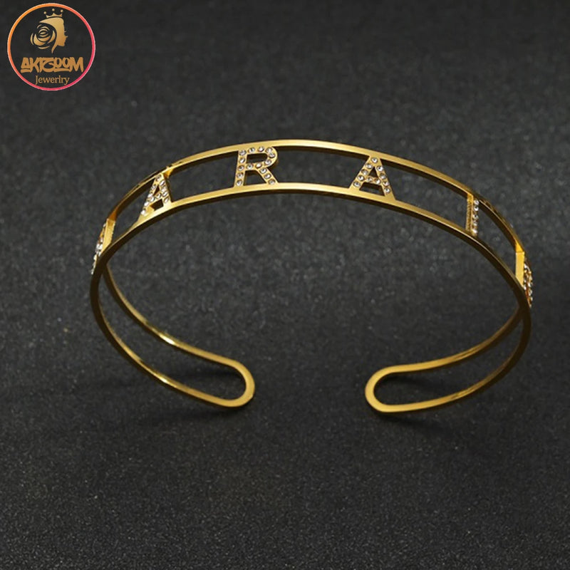 Akizoom Custom Zircon Letter Bracelets Stainless Steel Jewelry