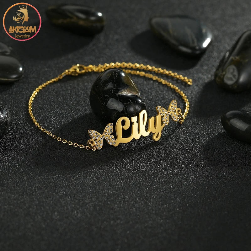 Akizoom Name Bracelet with Zircon Butterfly for Women Girls