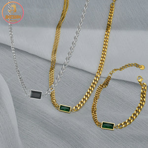 Akizoom Square Zircon Cuban Chain Jewelry Set for Women
