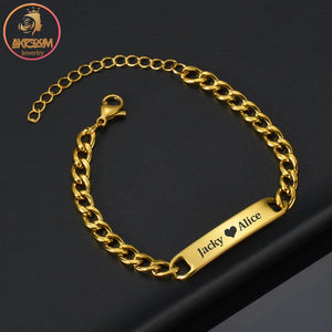 Akizoom Engrave Name Bracelets Cuban Chain for Men Gift