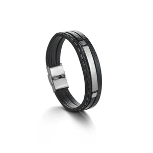 Akizoom Men Leather Name Bracelet Stainless Steel Bangle