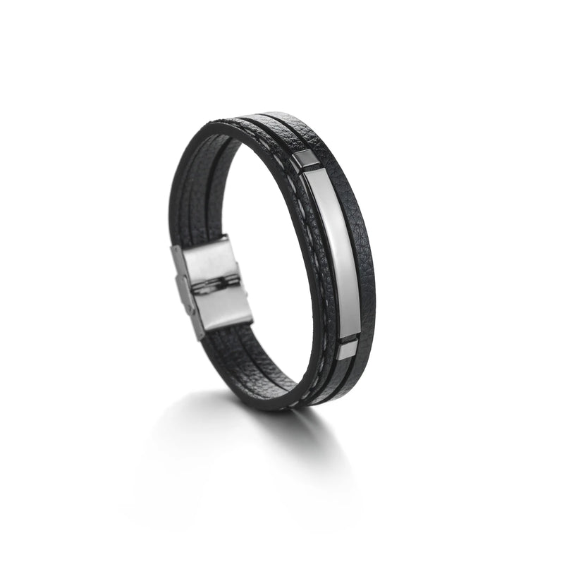 Akizoom Men Leather Name Bracelet Stainless Steel Bangle