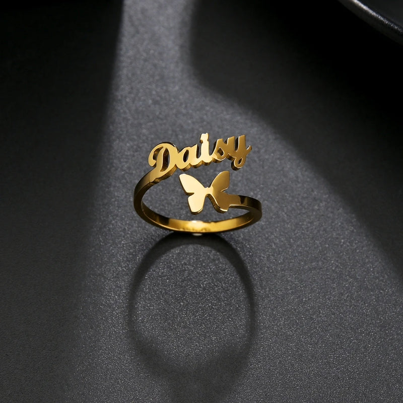 Akizoom Custom Frosted Name Rings Butterfly Adjustable