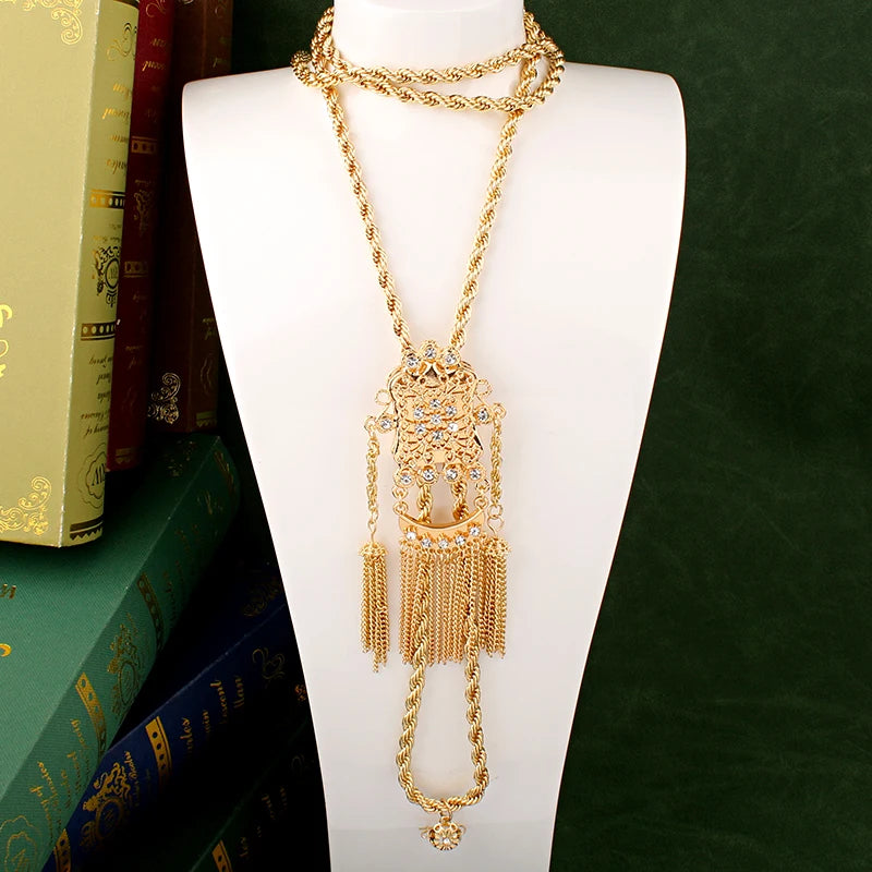 Algerian Wedding Necklace Long Chain Tassels Pendant with Crystals