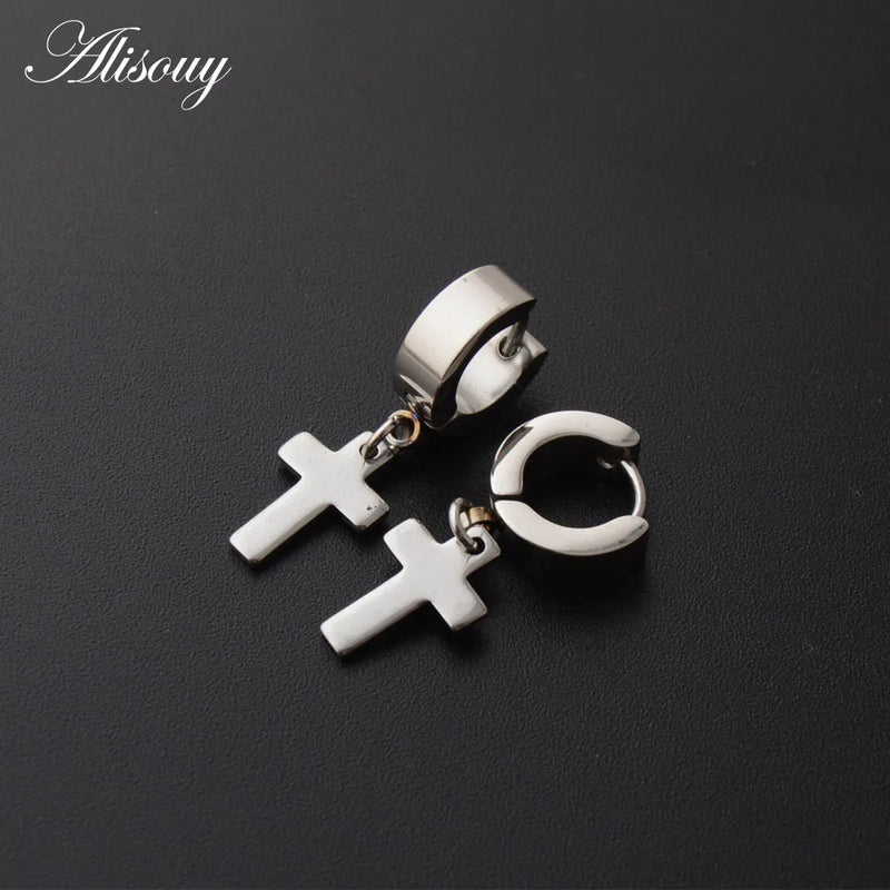 Stainless Steel Cross Huggie Earrings Circle Ear Buckle Clip