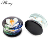 Transparent Round Glass Flower Ear Gauges Tunnel Plug Flesh Stretcher