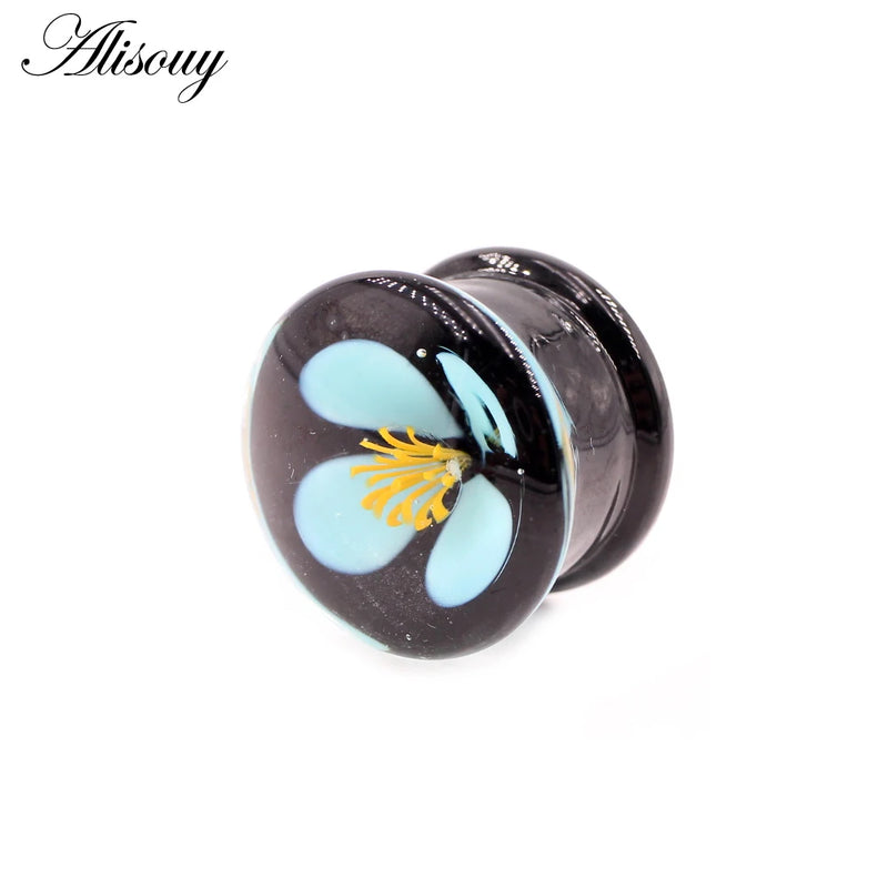 Transparent Round Glass Flower Ear Gauges Tunnel Plug Flesh Stretcher