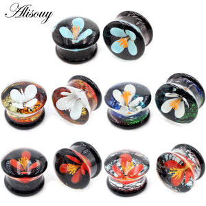 Transparent Round Glass Flower Ear Gauges Tunnel Plug Flesh Stretcher