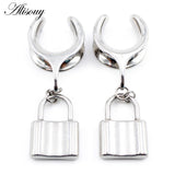 Stainless Steel Couple Lock Stone Pendant Ear Tunnel Plug Expander