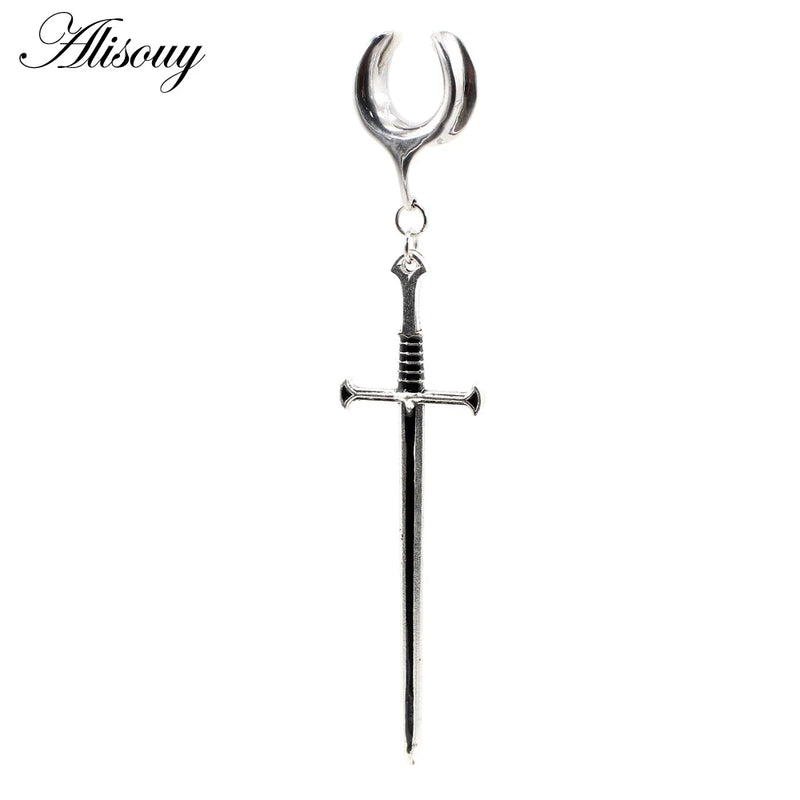 Stainless Steel Sword Cross Pendant Ear Tunnel Plug Expander Stretchers Gauges