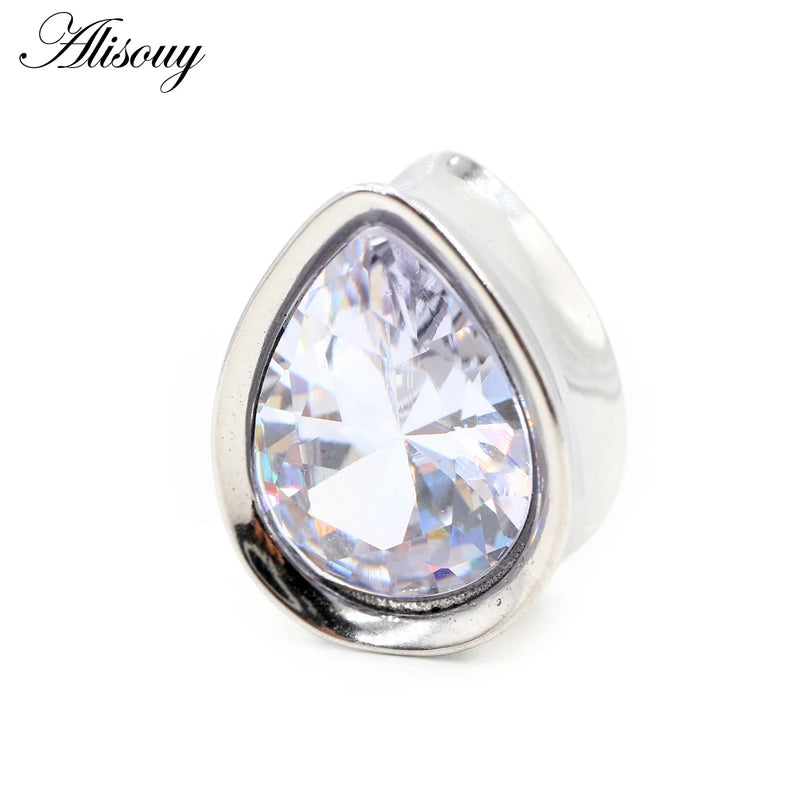 8-25mm Stainless Steel Zircon Water Drop Ear Tunnels Plugs Gauges