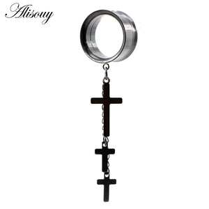 Stainless Steel Cross Chain Dangle Ear Tunnel Plug Stretcher Gauges