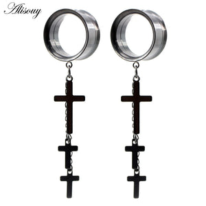Stainless Steel Cross Chain Dangle Ear Tunnel Plug Stretcher Gauges