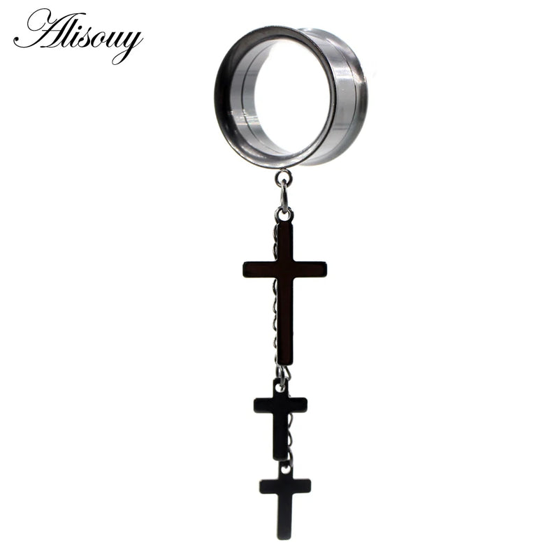 Stainless Steel Cross Chain Dangle Ear Tunnel Plug Stretcher Gauges
