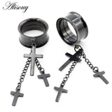 Stainless Steel Cross Chain Dangle Ear Tunnel Plug Stretcher Gauges