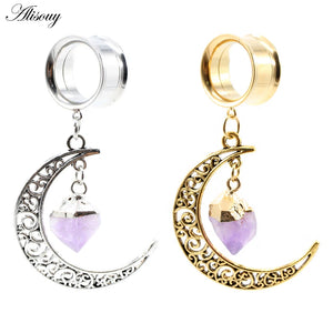 Stainless Steel Stone Moon Dangle Ear Plugs Gauges Piercing Body Jewelry