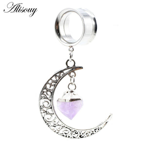 Stainless Steel Stone Moon Dangle Ear Plugs Gauges Piercing Body Jewelry