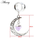 Stainless Steel Stone Moon Dangle Ear Plugs Gauges Piercing Body Jewelry