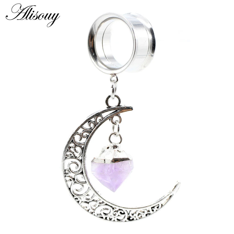 Stainless Steel Stone Moon Dangle Ear Plugs Gauges Piercing Body Jewelry