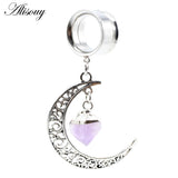 Stainless Steel Stone Moon Dangle Ear Plugs Gauges Piercing Body Jewelry
