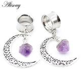 Stainless Steel Stone Moon Dangle Ear Plugs Gauges Piercing Body Jewelry