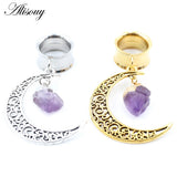 Stainless Steel Stone Moon Dangle Ear Plugs Gauges Piercing Body Jewelry